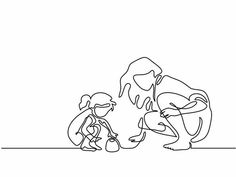 one continuous line drawing of two people kneeling down and looking at something on the ground