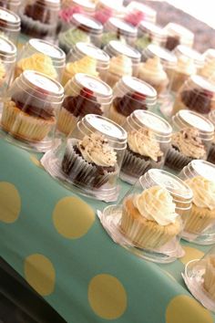 cupcakes in plastic containers lined up on a table with polka dot cloth and green tablecloth