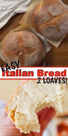 two loaves of italian bread with cream cheese on top and in the background, there is a loaf of bread that has been sliced