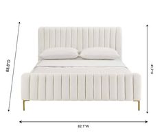 the bed is made up with white sheets and pillows on it, along with measurements for the headboard