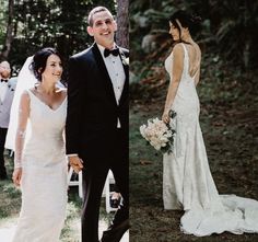 a bride and groom walking down the aisle at their outdoor wedding ceremony in the woods