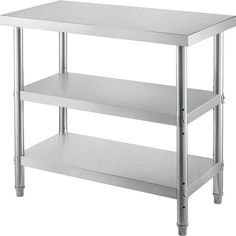 three tier stainless steel table with wheels on the bottom and two shelves below each shelf