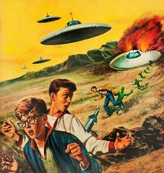 an old book cover shows two boys in front of flying saucers and aliens above them