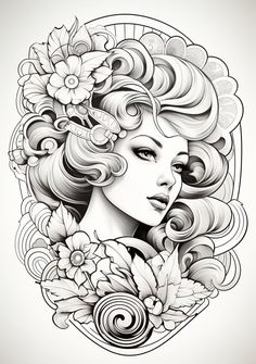 a drawing of a woman with long hair and flowers on her head, in black and white