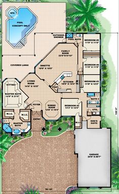 the floor plan for this house is very large and has an outdoor swimming pool on one side