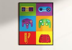 a colorful poster with video game controllers on it