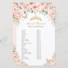 a wedding seating card with pink roses and butterflies