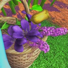 a basket filled with purple flowers sitting on top of a lush green field