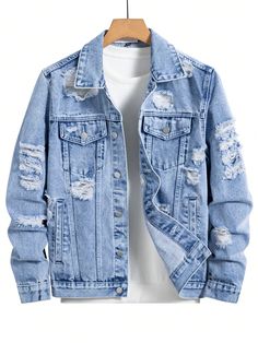 Lavado ligero Casual Collar manga larga Mezclilla Liso Más Embellished No-Elástico Coat Jeans, Man Jeans Jacket, Men Jean Jacket, Denim Fashion For Men, Mens Jeans Outfit Casual, Jeans Jacket, Men’s Denim Jacket Style, Men’s Fashion Denim Jacket, Rugged Medium Wash Denim Jacket For Streetwear