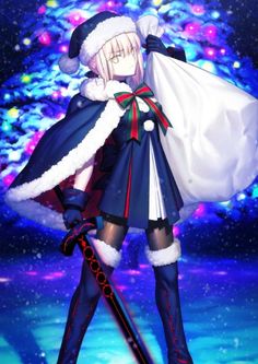 an anime character dressed as santa clause holding a large white bag and standing in front of a christmas tree