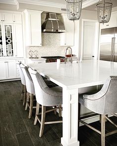 a large kitchen island with chairs around it