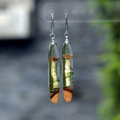 Real Mushroom earrings. Wood Resin Earrings. Wood and Resin Art. ♥  You will be sent exactly the sample that you see in the photo and video  ♥♥ Please see the current discounts in the shop announcement: https://www.etsy.com/shop/TSMDecorations Made very neatly by hand from carefully selected pieces of wood with bark and ultra-transparent resin.  Real dried mushrooms and real moss are sealed in resin.  These earrings will undoubtedly highlight you and give you confidence! Looks very good! They are in a hurry to replenish your collection. ♥ Dimensions in inches: Length 2.01"; Drop (full) length 2.87"; Width 0.35" x 0.39";  ♥ Dimensions in mm: Length 51 mm; Drop (full) length 73 mm; Width 9 x 10 mm. Weight 4.8 g/unit ♥♥ You can see more wood and resin earrings here: https://www.etsy.com/shop/ Resin Wood Jewelry, Green Dangle Earrings With Mushroom Design, Resin Mushroom Earrings, Green Mushroom Design Dangle Earrings, Glass Mushroom Earrings, Wood Resin Earrings, Epoxy Earrings, Nature-inspired Dangle Earrings With Mushroom Design, Mushroom Earrings