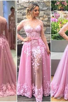 2017 Custom Charming Pink Prom Dress, Long Sleeves Sexy Evening Gown,See Through Party Dress Lace Prom Gown, Party Dresses Women, Dresses With Appliques, Pink Velvet Dress, Beaded Dresses, Formal Women, Vestidos Color Rosa, Wedding Dress Evening, Mermaid Prom Dresses Lace