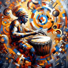 a painting of a man playing a drum with circles around him and an abstract background