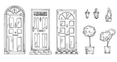 three doors and two potted plants in front of them, one is drawn by hand