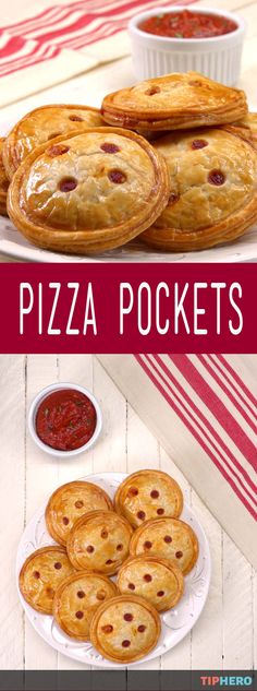 pizza pockets on a plate with sauce and other food items in the background, along with text overlay