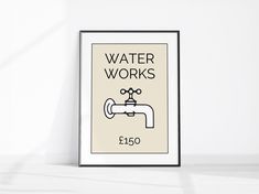 a poster with the words water works and a faucet on it in front of a white wall