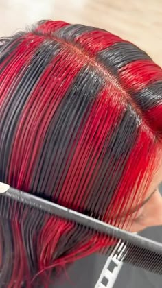 Black Hair With Red Chunky Highlights, Chunky Highlights Y2k Red, Chunky Red And Black Highlights, Black And Red Chunky Highlights, Chunky Highlights Tutorial, Red And Black Chunky Highlights, Chunky Highlights Red, Blue Chunky Highlights, Purple Chunky Highlights