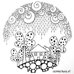 a black and white drawing of a house in the rain with lots of bubbles around it