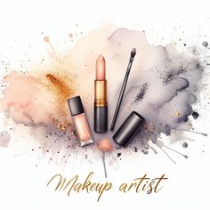 the makeup artist logo is surrounded by various cosmetics items