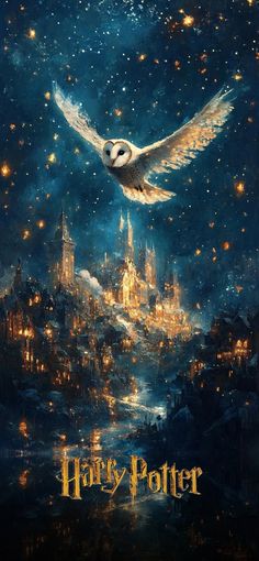 harry potter poster with an owl flying over the hogwarts castle in the background