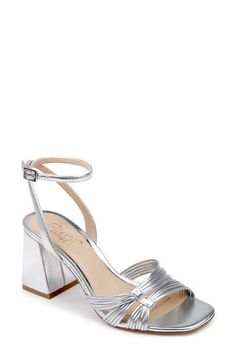 Asymmetric vamp straps create modern dimension on a metallic leather sandal balanced by an angular square toe and flared block heel. 3 3/4" heel (size 8.5) Adjustable ankle strap with buckle closure Leather and synthetic upper/synthetic lining/rubber sole Imported Silver Block Heels, Jewel Badgley Mischka, Flat Booties, Strappy Block Heels, Strap Sandals Women, Low Heel Shoes, Open Toe Sandals, Sandal Women, Badgley Mischka