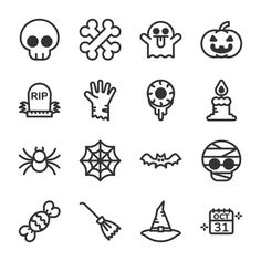 halloween icons are shown in black and white