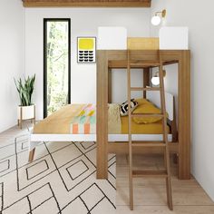 there is a bunk bed with a ladder in the middle of it and a rug on the floor next to it