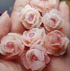 small pink flowers are being held in someone's hand