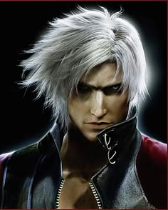 an image of a man with white hair and black leather jacket looking at the camera