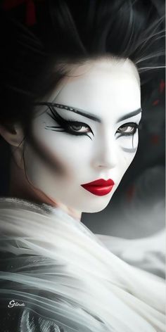 a woman with white makeup and black hair