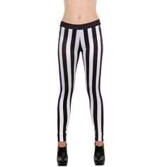 Show your style stripes when you add these Black and White Striped Leggings to your collection! These one-size leggings are made with a polyester stretch material and feature an elastic waistband that fits up to a 34-inch waist. The 40-inch long accessory has an alternating vertical black and white stripe pattern that's sure to work for a variety of unique outfits and iconic costumes! Black Lace Leggings, Gothic Blouse, Medieval Collectibles, Gothic Leggings, Gothic Pants, Pirate Fashion, Ruffled Mini Skirt, Buy Leggings, Lace Leggings