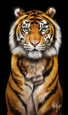 a painting of a tiger with green eyes