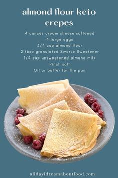 three crepes on a plate with raspberries next to it and the recipe below