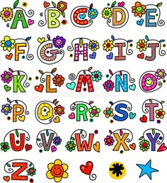 colorful alphabets with flowers and hearts on white background, clipping for use in children's books