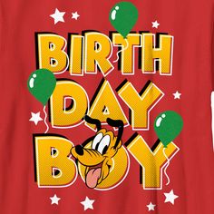 a red shirt with the words birth day boy on it and balloons in the air