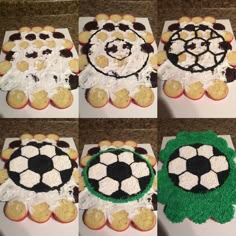 four pictures of cupcakes decorated with soccer balls