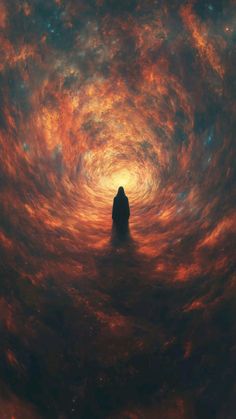 a person standing in the middle of a spiral space filled with red and orange clouds