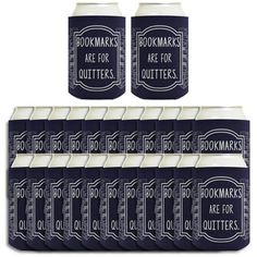 six bottles of bookmarks are stacked on top of each other with the words, booksmarks are for quitters