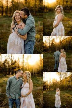 a pregnant couple cuddles in the woods at sunset for their family photoshoot