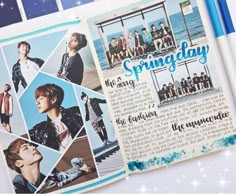 an open magazine with photos of young men on the pages and words that say, springday