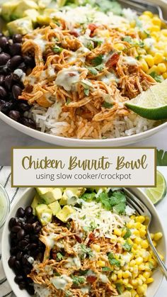 chicken burrito bowl with black beans, corn and avocado