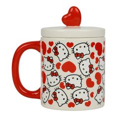 a red and white hello kitty coffee mug with hearts on the lid is sitting in front of a white background