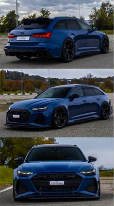 the front and back view of a blue sports car in three different views, one is shown