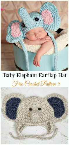 an elephant ear flap hat is shown in two different colors and the top one has a crochet pattern on it