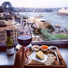 a person holding a glass of wine while sitting at a table with cheese and crackers