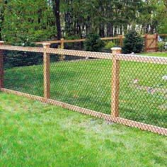 a dog is standing in the grass behind a chain link fence that's made from wood and wire