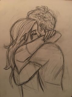 a drawing of two people hugging each other with one holding the other's head