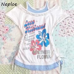 Neploe American Vintage Fake Two Piece Lace Patchwork T-shirts 2024 Summer New Top for Women Y2k Gyaru Clothing, Mcbling Fashion, Tshirts Women, 2000s Japanese Fashion, Clothing Wishlist, Pretty Shirts, Girls Tees, Really Cute Outfits, Curvy Outfits