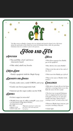 the flyer for an elf's food and fun event is shown in black and white